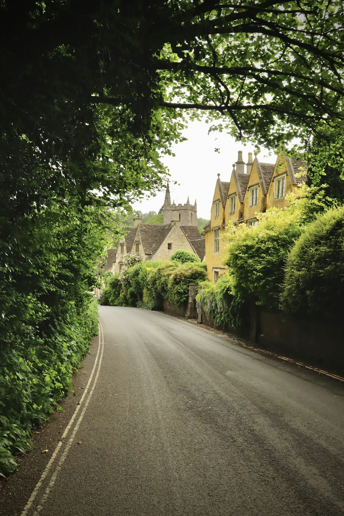 Una calle de pueblo rodeada de vegetación en los Cotswolds