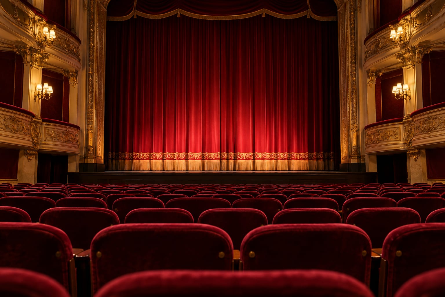 KI-generierter Theatersaal mit roten Samtsesseln und geschlossenem Vorhang